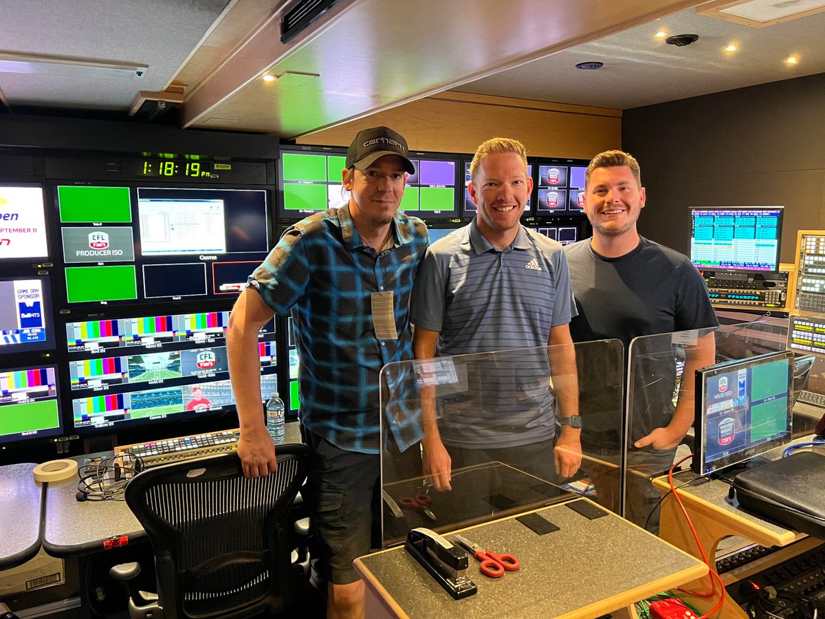 assiniboine_mb's tweet photo. Tonight’s @CFLonTSN game is brought to you by a trio of @ACCMB grads! Pictured L to R are Travis, Graeme, and Brice. Travis is in charge outside the production truck, Graeme is running the inside and Brice is switching the game! Let's go @Wpg_BlueBombers! https://t.co/52WZzd6qY1