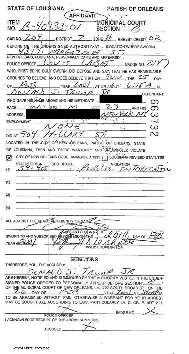 crazyassnola's tweet image. Donald Trump, Jr. is arrested for public intoxication in proximity to the Boot, the bar closest to Tulane’s campus, early Sunday morning before Mardi Gras. (2001)