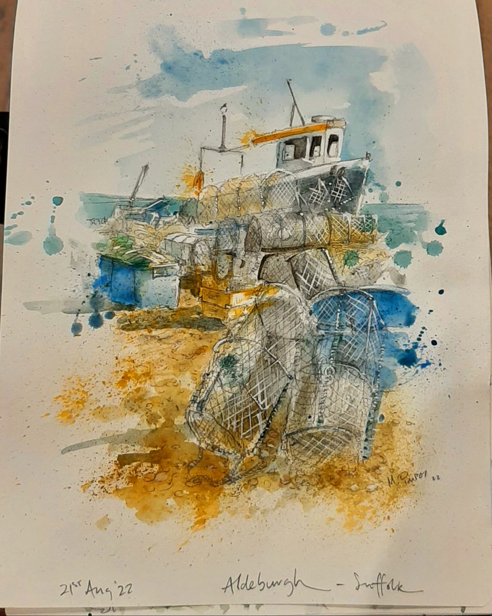 Martin_Impey's tweet photo. Another page from my sketchbook...
This one is of a fishing boat and Lobster Pots on the beach at #aldburgh #suffolk.
.
Follow for more art.

#fishingboat #beach #boat #fishing #seafishing #sketchbook #sketchdaily #sketching #sketch #watercolor #watercolour #illustrationart #Art https://t.co/gK8aS8jynf