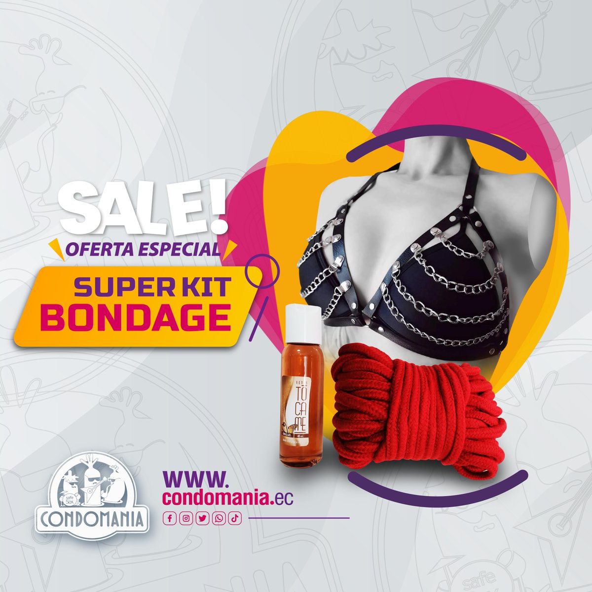 CondomaniaEC's tweet photo. 💥 Lo tenemos al SUPER KIT  BONDAGE 💥atrévete a realizar esta práctica milenaria y conviértete en un maestro del Bondage 🍆💦🪢.
🎯 Pídelo en todos nuestros locales y aprovecha que está al 15% de descuento.😜
Visita nuestra tienda en línea https://t.co/kIGSB7Zeum 💻⌨️📲 https://t.co/q68rewqsHO
