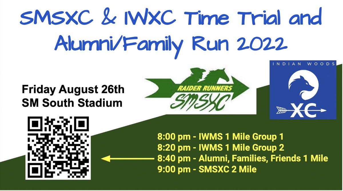 SMSRaidersAD's tweet photo. Come to SMS Stadium Friday night and watch our MS and HS cross country teams and alumni get a few miles in. #runraidersrun @SMSouthTDain https://t.co/xMYT3PMays