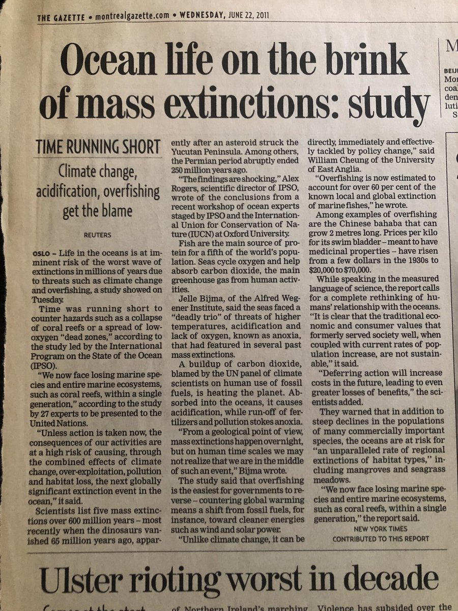 KarenMessier's tweet photo. I’ve been sorting through some old paper clippings I kept, and many are like this one from 2011. Warnings of #MassExtinction have been ringing out for years, yet nothing changes. #EmptyOceans #ClimateCrisis #DoYourPart #vegan https://t.co/bxAqjWZ4Vo