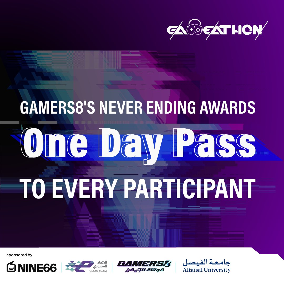 #Gamers8 brought a surprise on #Gameathon's closing ceremony! A One Day Pass for every participant 🎫💜
#AlFaisal_University

<a href="/_Nine66_/">Y M</a>
<a href="/Saudi_Esports/">الاتحاد السعودي للرياضات الإلكترونية</a>
@Gamers8_AR