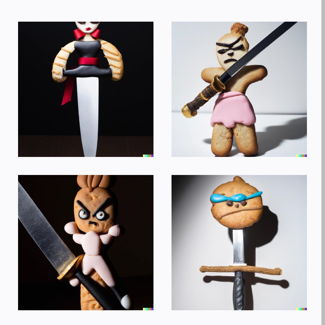 #DALLE
"A menacing feminine anthropomorphic cookie posing with a katana sword for a vogue magazine cover"
I'm losing it at the third one 😂