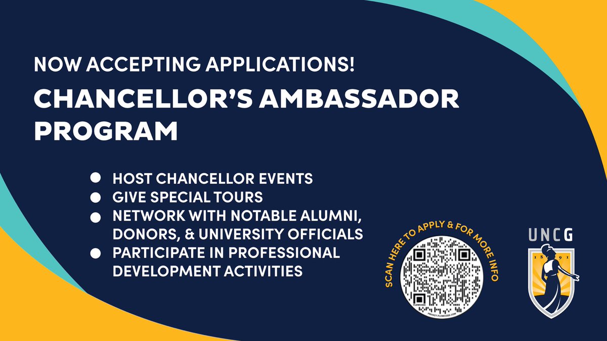 Students, I hope you'll consider applying to be an ambassador for my office.  

Each year, distinguished student leaders serve as representatives on behalf of me and Mrs. Gilliam at various university events. 

Learn more: chancellor.uncg.edu/chancellors-am…

<a href="/UNCG_OLCE/">UNCG-Leadership & Civic Engagement</a> @UNCG_SA