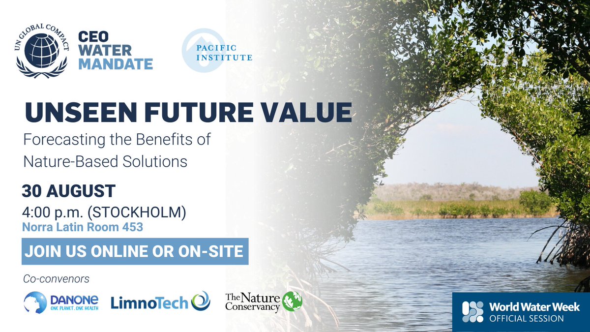 Let the countdown begin! Join me at <a href="/siwi_water/">SIWI</a> #WWWeek where we will share our innovative work on #NBS benefit forecasting and valuation.

📅 30 AUG - 7 AM PST / 4 PM CET
👉 ceowatermandate.org/get-involved/w…

<a href="/H2O_stewards/">CEO Water Mandate</a> <a href="/globalcompact/">UN Global Compact</a> @pacificinstitut @danone @limnotech <a href="/nature_org/">The Nature Conservancy</a>