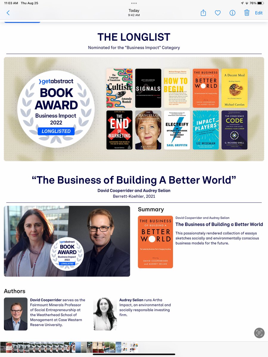 <a href="/getAbstract/">getAbstract</a> So honored to be a 10 finalist with getAbtract's Book Award--Our book "The Business of Building a Better World: The Leadership Revolution That's Changing Everything" was featured at the #FowlerCenter and #BerrettKoeher 5th Global Forum for Business as an Agent of World Benefit.