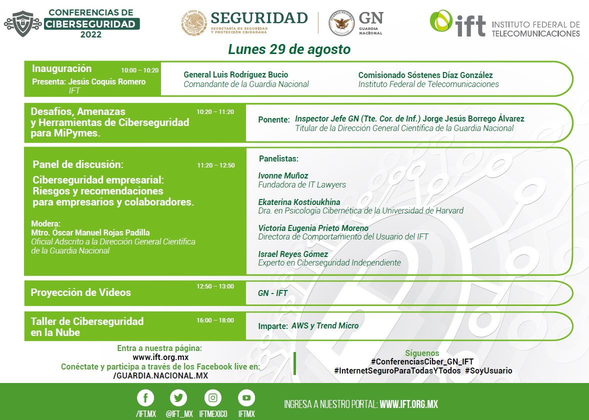 IvonneMunozMx's tweet photo. Les comparto atenta invitación para asistir virtualmente a las Conferencias de Ciberseguridad convocadas por el @IFT_MX y @GN_MEXICO_ el próximo 29 de Agosto.

#InternetSeguroParaTodasYTodos 
#SoyUsuario
#ConcienciaCibersegura 👩🏻‍💻🧑🏻‍💻🔐 https://t.co/UG7xJnB6o4