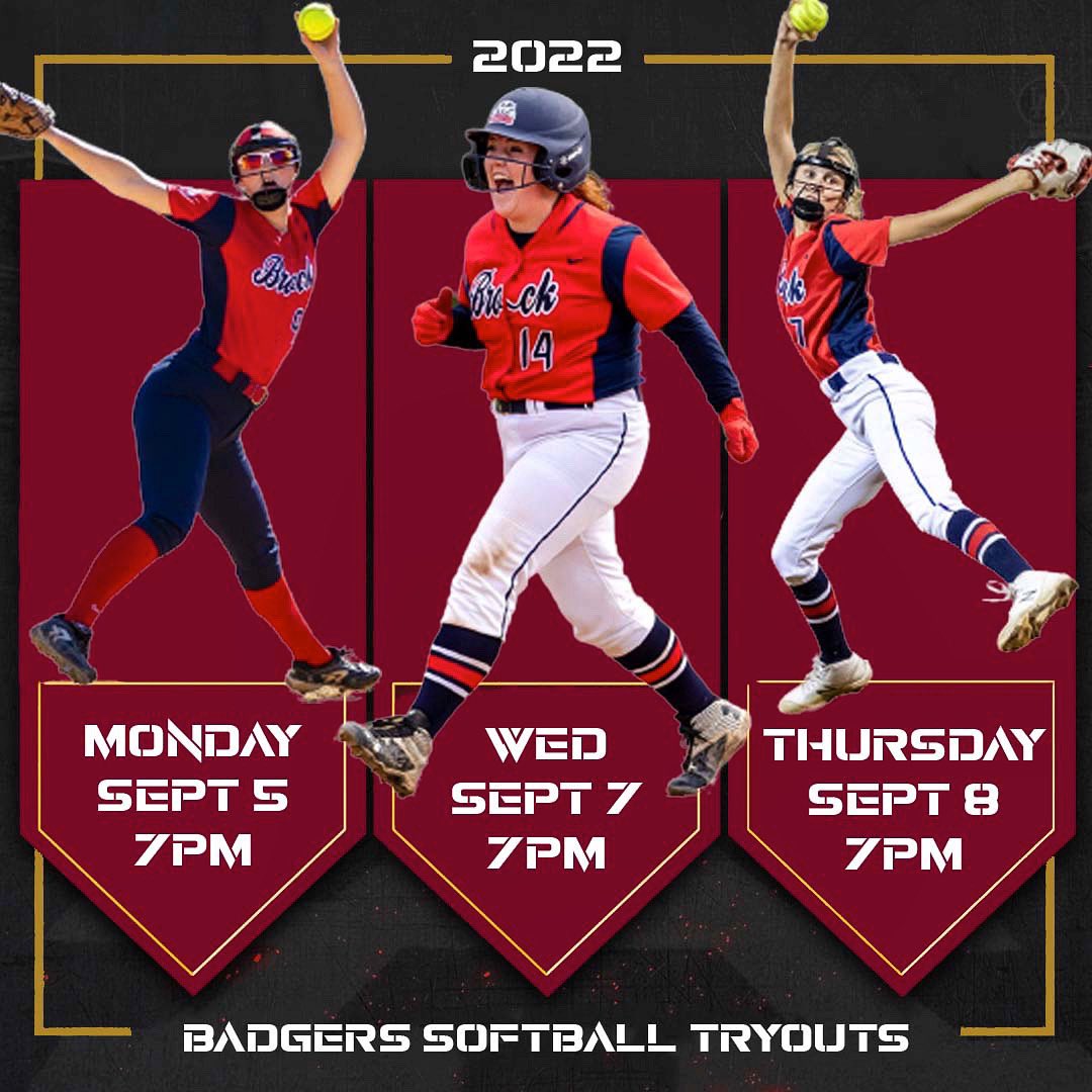 Brock W Softball (@badgerwsoftball) on Twitter photo Brock Softball will be hosting tryouts on the following dates:
Sept 5: 7pm-9pm
Sept 7: 7pm-9pm
Sept 8: 7pm-9pm
Any questions, don’t hesitate to e-mail Courtney at cgilbert@brocku.ca
Make sure you fill out your athlete form, we look forward to seeing you on the field! Brock Softball will be hosting tryouts on the following dates:
Sept 5: 7pm-9pm
Sept 7: 7pm-9pm
Sept 8: 7pm-9pm
Any questions, don’t hesitate to e-mail Courtney at cgilbert@brocku.ca
Make sure you fill out your athlete form, we look forward to seeing you on the field!