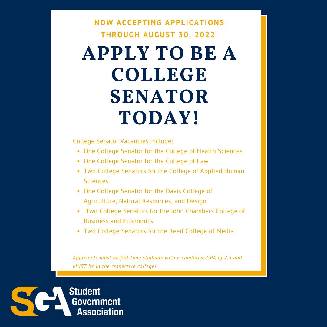 SGA has 9 open vacancies in our College Senate! To be eligible you must be a member of the respective college! Apply with the link in the bio!