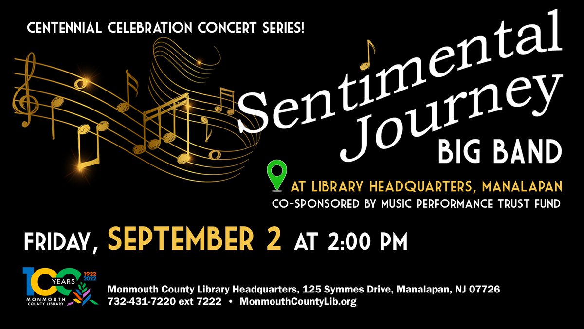 MonCoLibrary's tweet photo. #CentennialCelebration Concert Series begins with the #BigBandSwing sounds of #SentimentalJourney! For our 💯birthday, you get the presents!
Sign up for eNewsletter (https://t.co/6x6QKe7m00)
& 🎶you won't miss a thing🎶
#LiveMusic #MonCoLibrary100 @monmouthgov @monmouthtourism https://t.co/s3vIjuiZYM
