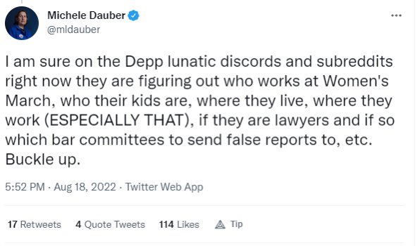 Abba_Annabelle's tweet photo. @TheDUIGuyPlus Michele Dauber sends out hate lists, indulges in targeted harassment, and continues to malign any woman who supports Johnny Depp. 

She has violated Twitter policies but continues to be revolting. @Stanford 

Sign the petition. https://t.co/dBvSvHzgon