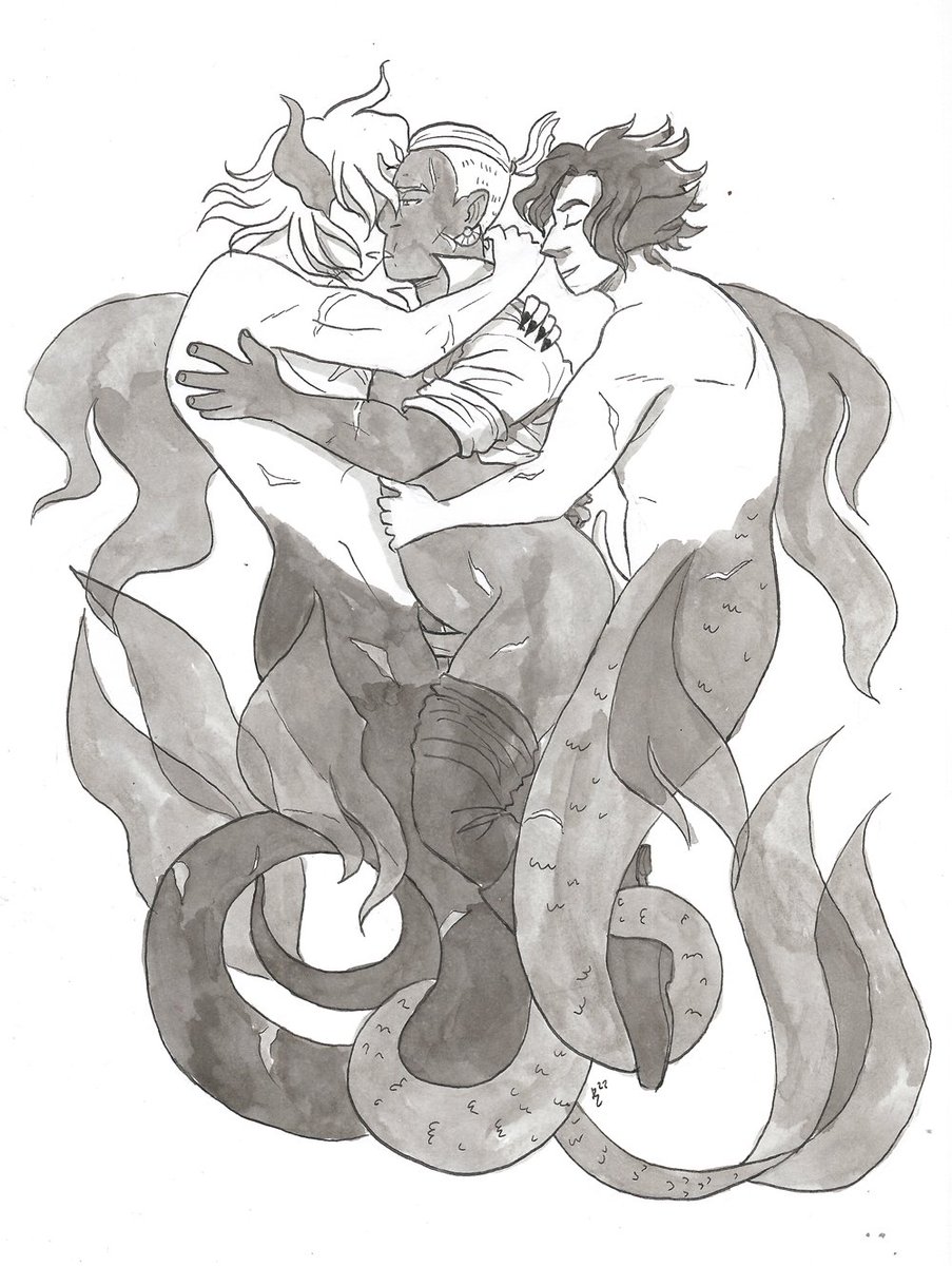 Another treat for the <a href="/fe3hrarepairex/">FE3H Rarepair Exchange | WORKS REVEALED ✨</a> ! fuufuufuu on AO3 wanted dimiduevain with merfolk, so I have mermitri and mervain with a hapless sailor Dedue ✨