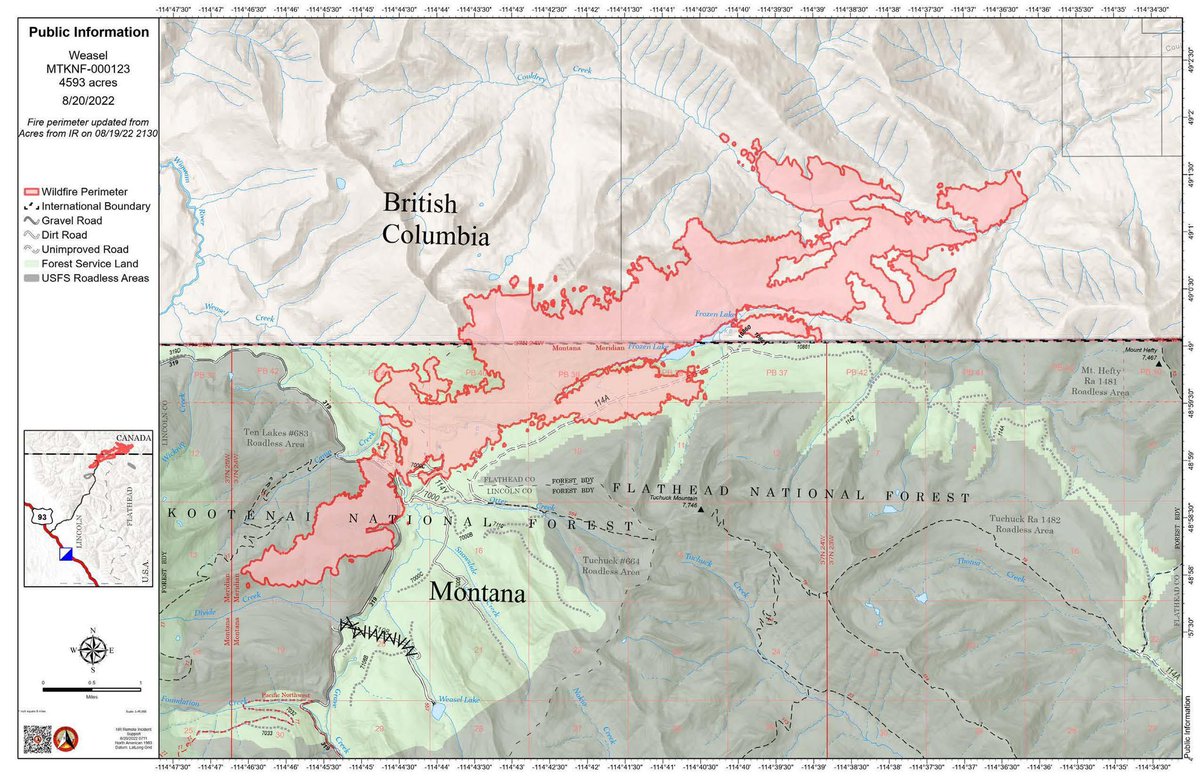 BCWildfireWkly's tweet photo. Jurisdictional collaboration is occurring between the Incident Management Team (IMT) in the United States located in Hungry Horse, #Montana and the #BCWildfire Service Incident Management Team in Canada, located in #Cranbrook. - @inciweb
#WeaselFire #WeaselCreekWildfire https://t.co/nSr3yQBHlw