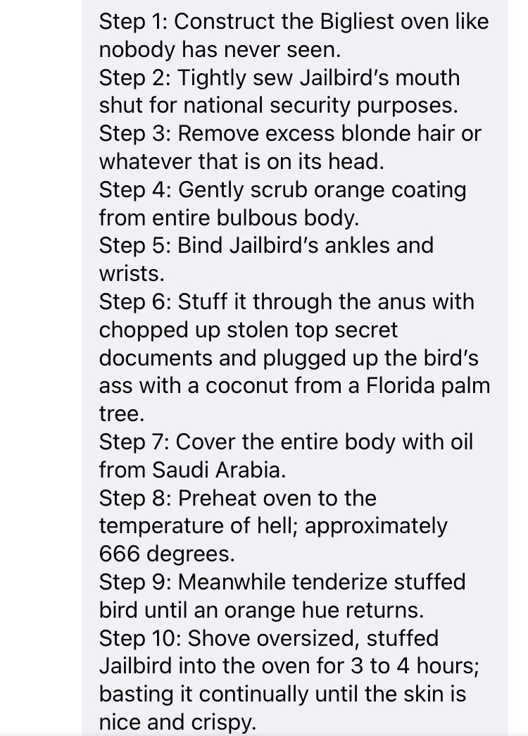 poppietot's tweet photo. Stuffed Jailbird Recipe 

Something for the next MAGA rally or another insurrection, which ever comes first. Gotta feed his hungry supremest army something! https://t.co/dIZ9F1Zr76