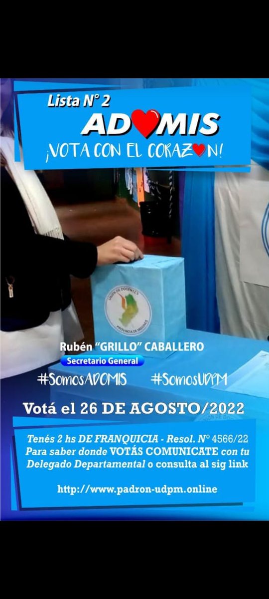 Y bueno; después de todo lo que se dijo; los palos en la rueda; profecías y acciones judiciales...votamos 
Éxitos amigos de ADOMIS...
<a href="/grillo141/">Ruben Dario</a> <a href="/cjdechat/">Christian Dechat</a> <a href="/Marcos42866602/">Marcos Caballero</a> <a href="/robertoadrian82/">Roberto Adrian</a> <a href="/BurtnikClaudia/">Claudia Burtnik</a> <a href="/BoveroEdith/">Edith Bovero</a> <a href="/GuiyeCarrizo/">Guillermo Carrizo</a> <a href="/ADOMIS_Misiones/">ADOMIS_Misiones</a> <a href="/udpm_misiones/">UDPM</a> <a href="/MirtaElizbaez/">Mirta Baez🌻</a>