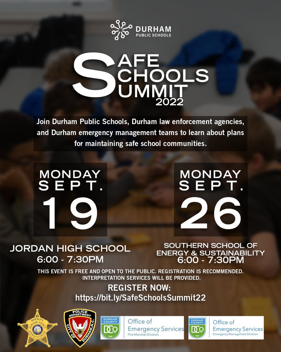 DurhamPublicSch's tweet photo. #DPSCommunity | Join DPS, local law enforcement, and Durham emergency management to learn about the plans for maintaining safe schools! This event is free and open to the public. Register here: https://t.co/ac7DfPtE5g #WeAreDPS https://t.co/ymmYvYJM2E