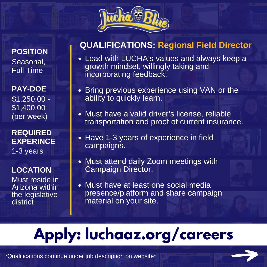 LUCHA_AZ's tweet photo. LUCHA is now hiring Regional Field Directors for our #LUCHABlue Campaign!

Apply @ https://t.co/ZmDSmrPszu
#LUCHAAZ #Jobs https://t.co/D3dpDSPqdh