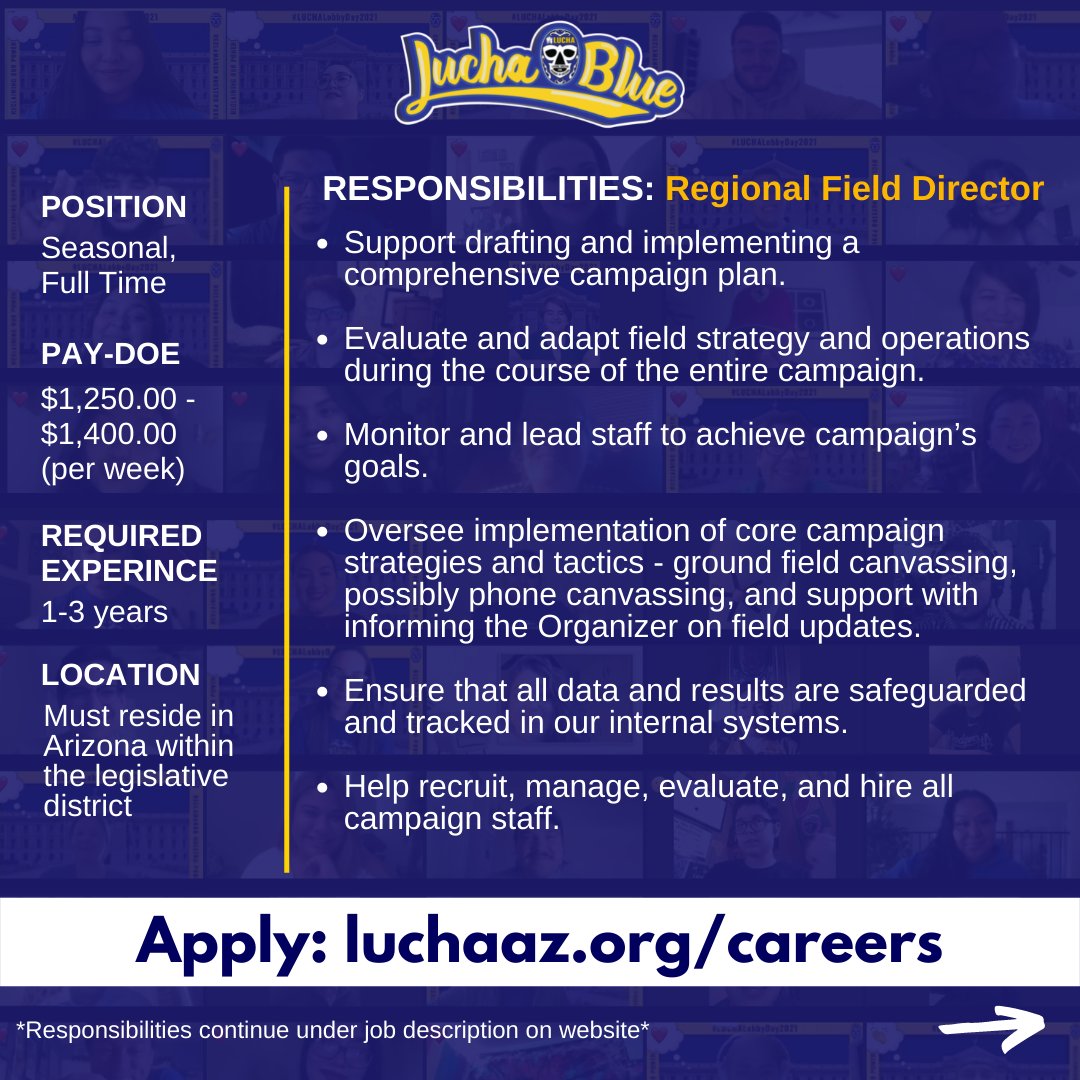 LUCHA is now hiring Regional Field Directors for our #LUCHABlue Campaign!

Apply @ luchaaz.org/careers
#LUCHAAZ #Jobs