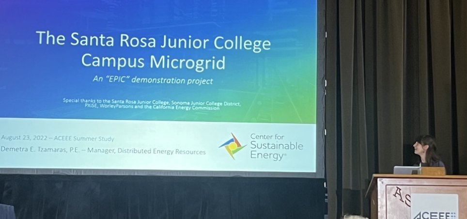 EnergyCenter's tweet photo. The @SantaRosaJC #microgrid can be a blueprint for other community colleges looking to increase #resilience and decrease energy costs. CSE’s Dema Tzamaras shared the results of the demonstration project at @ACEEEdc #SummerStudy22. https://t.co/NAhyXTdU4U https://t.co/vZicustXAA
