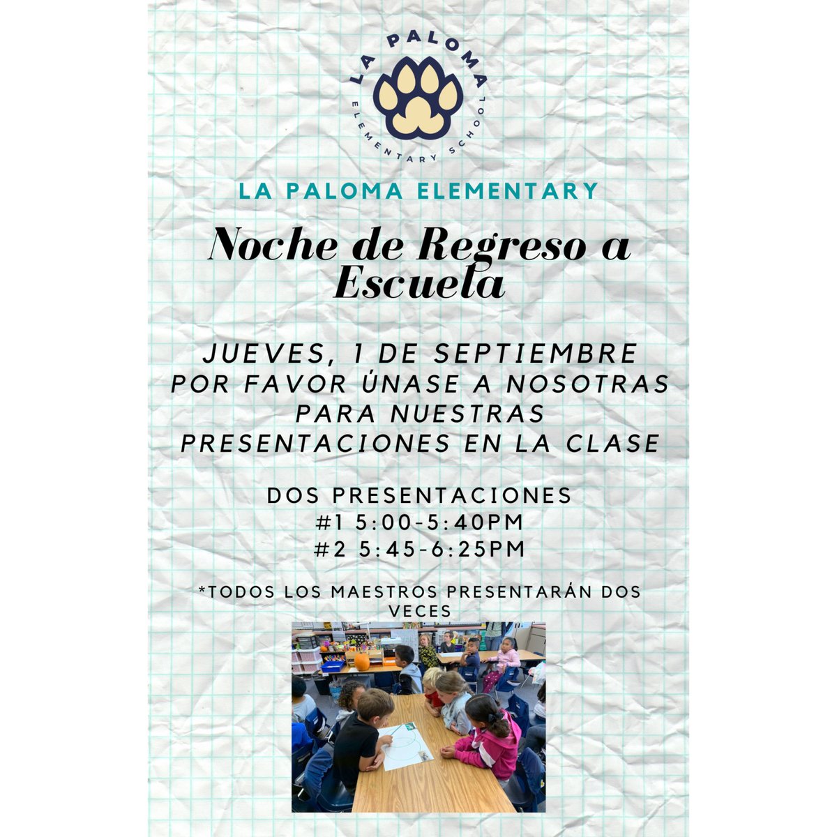 LaPalomaElem's tweet photo. Please join us for our Back to School Night on Thursday, September 1.
Únase a nosotros para nuestra Noche de Regreso a Escuela, el jueves 1 de septiembre. #lapalomawolves https://t.co/spPUpKUNMY