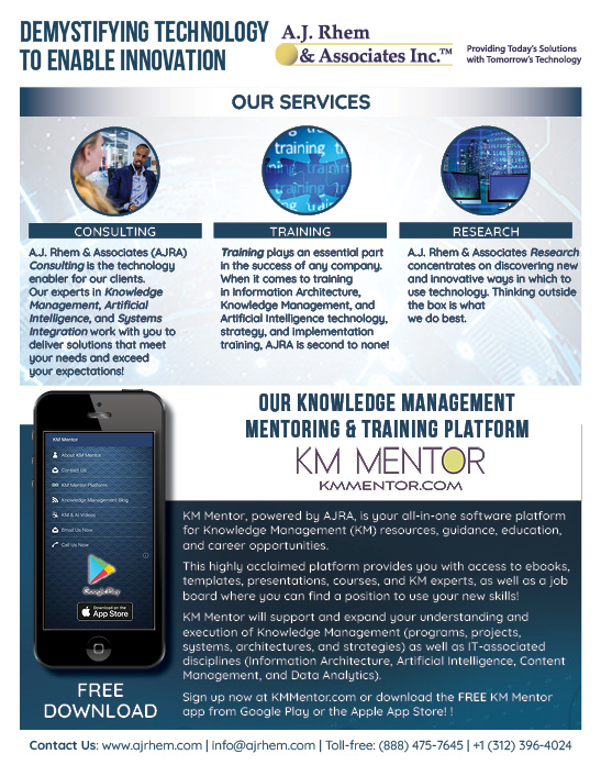 AJRhemAssoc's tweet photo. Our latest Ad to appear in leading tech magazines! #consulting #training #research #AI #knowledgemanagement https://t.co/b6eswDgIzh