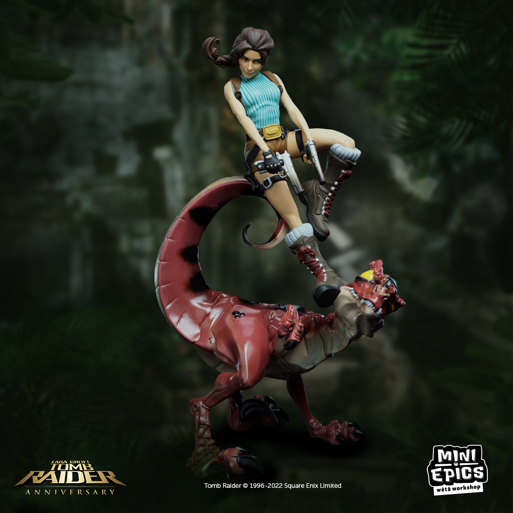 A photo of Weta Workshop's new Lara Croft and trex epic mini figure