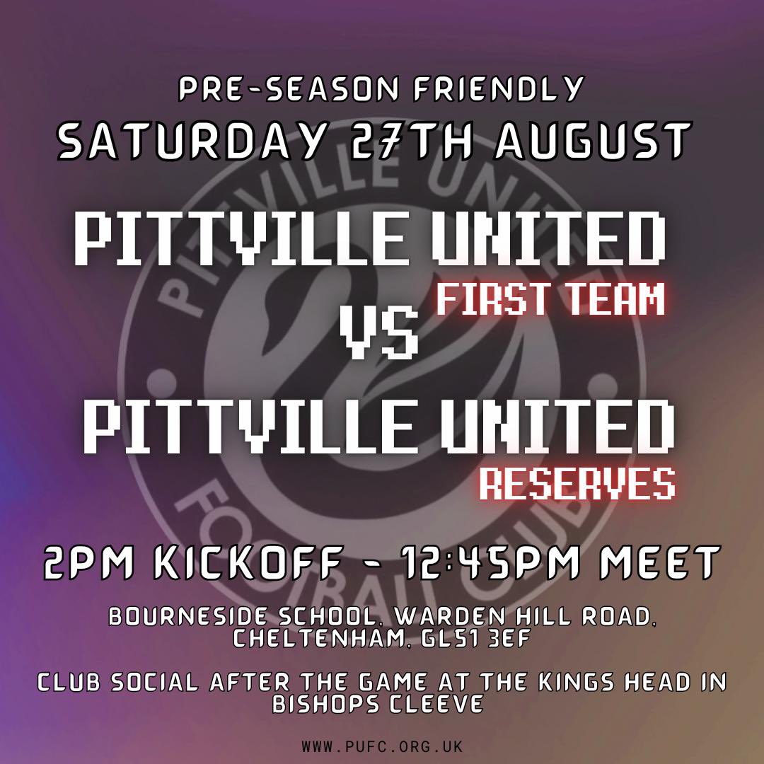 Pittville_FC's tweet photo. Our final pre-season game is an in-house friendly between our firsts and reserves! Bragging rights are at stake here so we should be in for a corker! Drinks back at the Kings Head after the game too! #UpTheSwans! 🦢🦢🦢 https://t.co/dKIru2SHMh