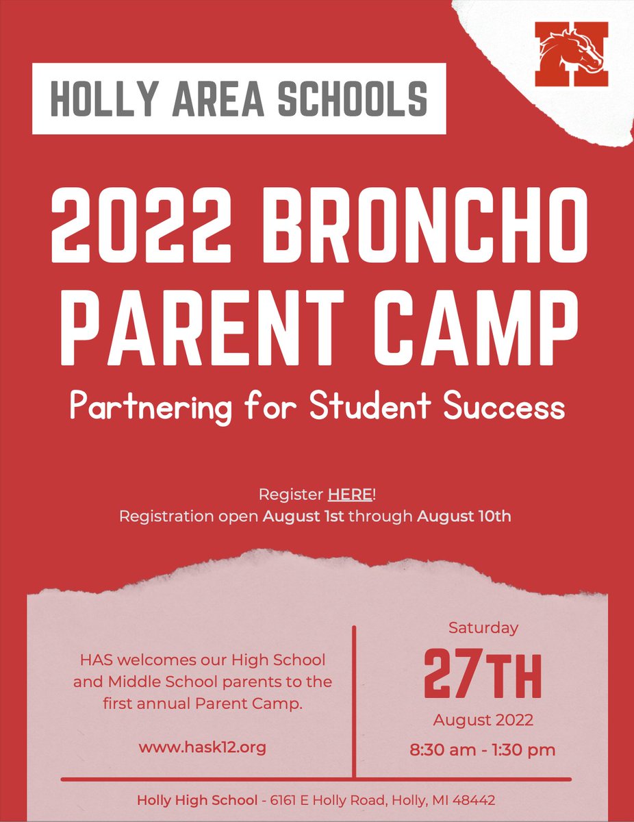 HollySchools's tweet photo. Parents of @HollySchools middle school and high school students..Parent Camp is this Saturday 
(August 27th) at Holly High School from 8:30-1:30. 
On-site registration starts at 8:00. 
We hope to see you there!  
Go to https://t.co/EKlrWJZfjv for more information. 
#BronchoStrong https://t.co/9PQvtLrN68