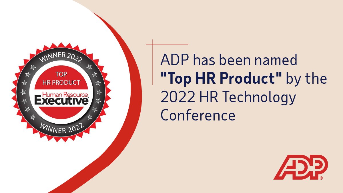 ADP's tweet photo. For the 8th year in a row, ADP has earned “Top HR Product” by @HRTechConf. This year, the award highlights our new Intelligent Self-Service, which uses predictive analytics and machine learning to proactively address HR challenges.
 
Learn more: https://t.co/2VsA8QsD7Y

#ADPTech https://t.co/Ts8Ttmq6uI
