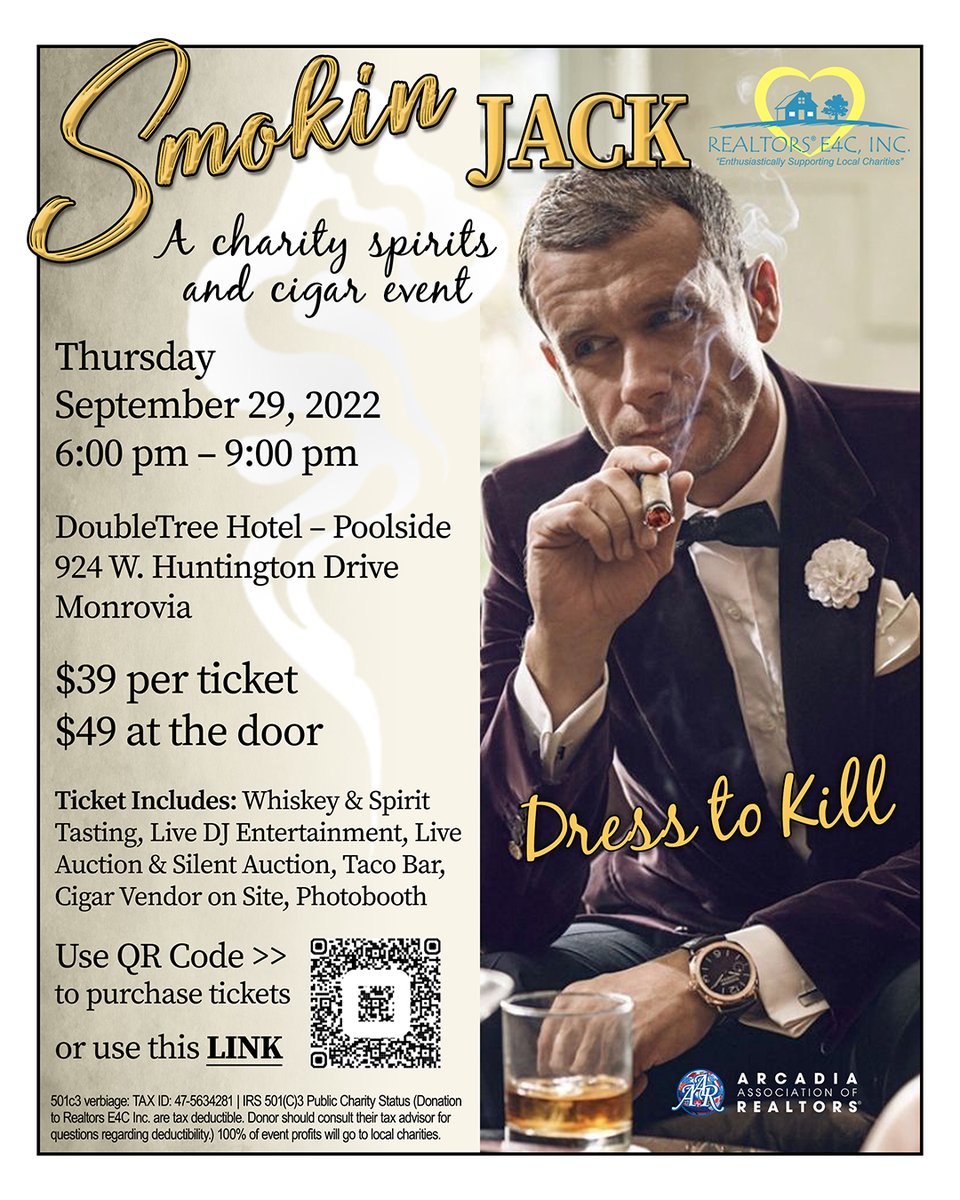 Save the Date - Sept. 29!!  You are invited to our Smokin' Jack fundraiser event!  Enjoy whiskey &amp; spirit tastings,  a live DJ, live &amp; silent auctions,  delish food, a photo booth and lots of fun!  DETAILS: 1l.ink/B5T5XKK  |  TICKETS: 1l.ink/J72665N
#ArcadiaAoR