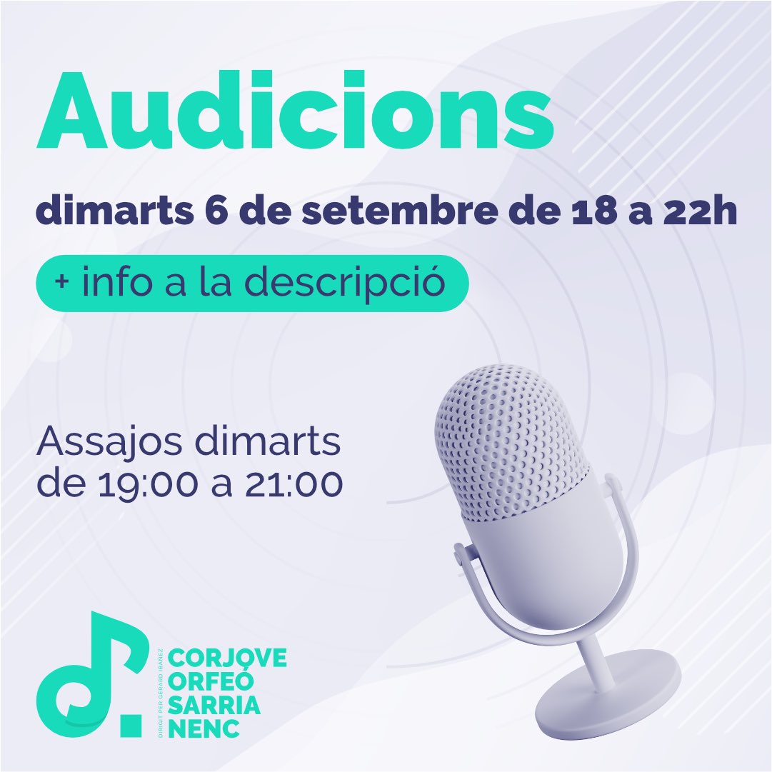 🎙𝗢𝗕𝗥𝗜𝗠 𝗔𝗨𝗗𝗜𝗖𝗜𝗢𝗡𝗦
Vols formar part de la nostra coral?
Escriu-nos a: corjovedelorfeosarrianenc@gmail.com

Audicions el proper dimarts 6 de setembre🙌🏻🤩

Assagem els dimarts de 19 a 21h al <a href="/Centredesarria/">Centre i Teatre de Sarrià</a> dirigits pel <a href="/GerardIbanezM/">Gerard Ibáñez M.</a> 🎶🥰

#corjovedelorfeosarrianenc
