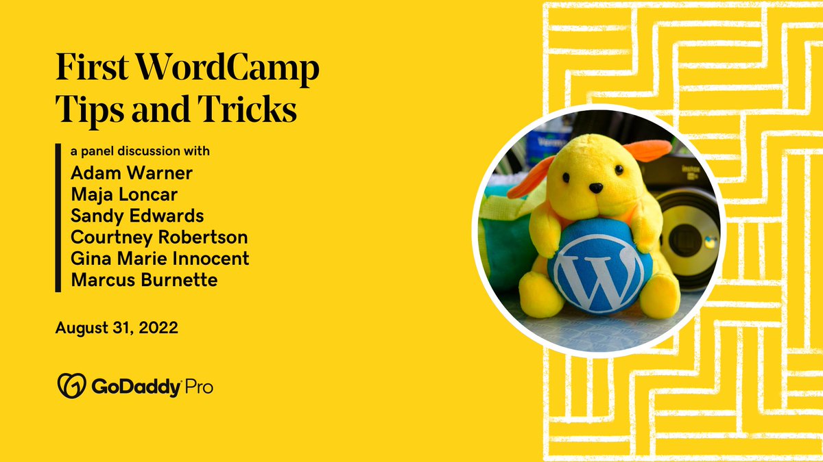 GoDaddyPro's tweet photo. Planning on attending a WordCamp? 🥳

Whether you'll be at #WCUS2022 / #WCUS or checking out a local one, join our team for a live stream on 8/31 for tips and tricks we've learned!
---
👋: @wpmodder @Maja20072230 @sunsanddesign @courtneyr_dev @GoGinaMarie @marcusdburnette https://t.co/DTHuQrYE09