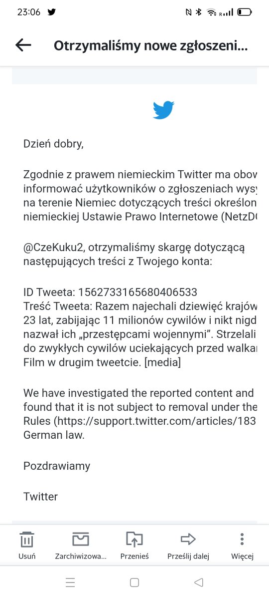 CzeKuku2's tweet photo. Zobaczcie co dostałem od Twittera. Przeczytajcie dokładnie treść. Zgłoszenie z Niemiec w obronie 3 byłych prezydentów USA
Zablokowali mi konto i musiałem usunąć. Co ciekawe tweet nie był wysłany z terenu Niemiec. Tweet opisywał miliony zbitych cywilów przez Busha Clintona Obamę https://t.co/KMBOHACo8T