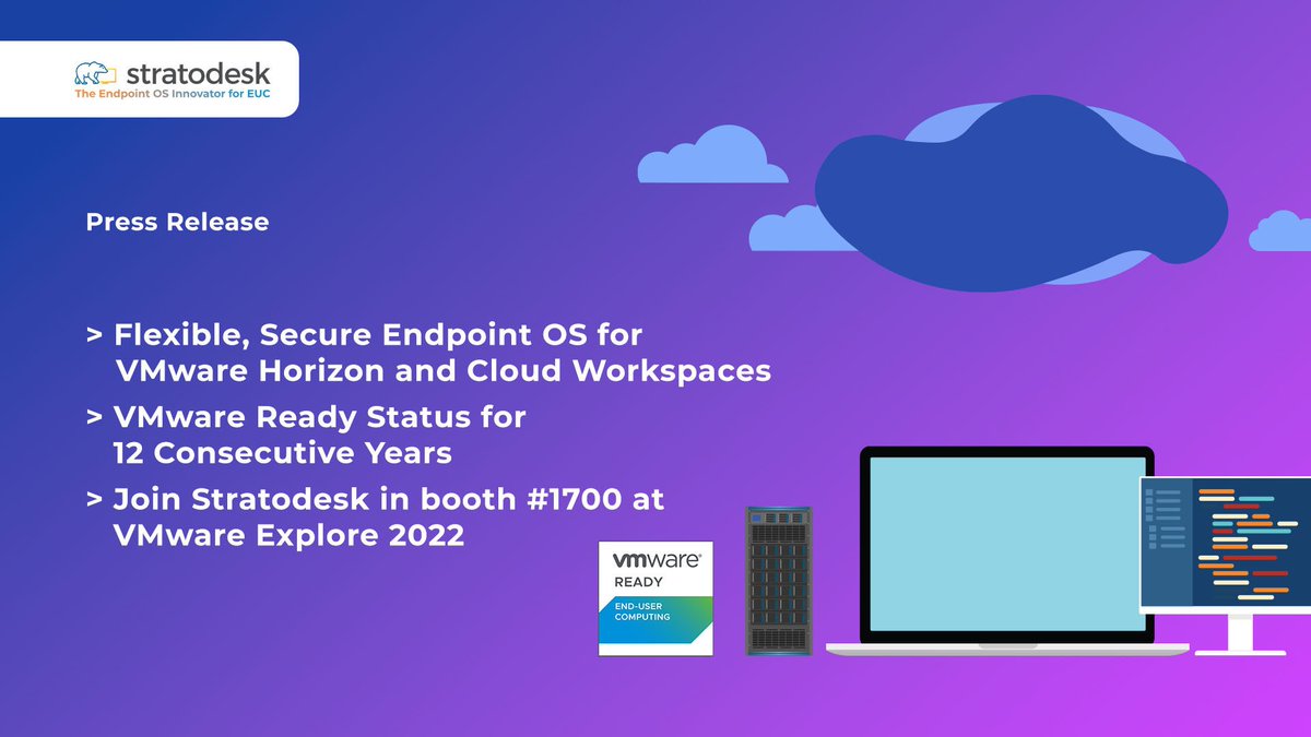 stratodesk's tweet photo. NEWS: @stratodesk delivers more @VMware certified options for customers looking to deploy @VMwareHorizon. See our solutions demonstrated at @VMwareExplore 2022 booth 1700. https://t.co/DPXQYrMUFV

@AWSCloud @Azure #Cloud #EUC #RaspberryPi #secureendpoints #ThinClients #VDI https://t.co/621jh8qGch