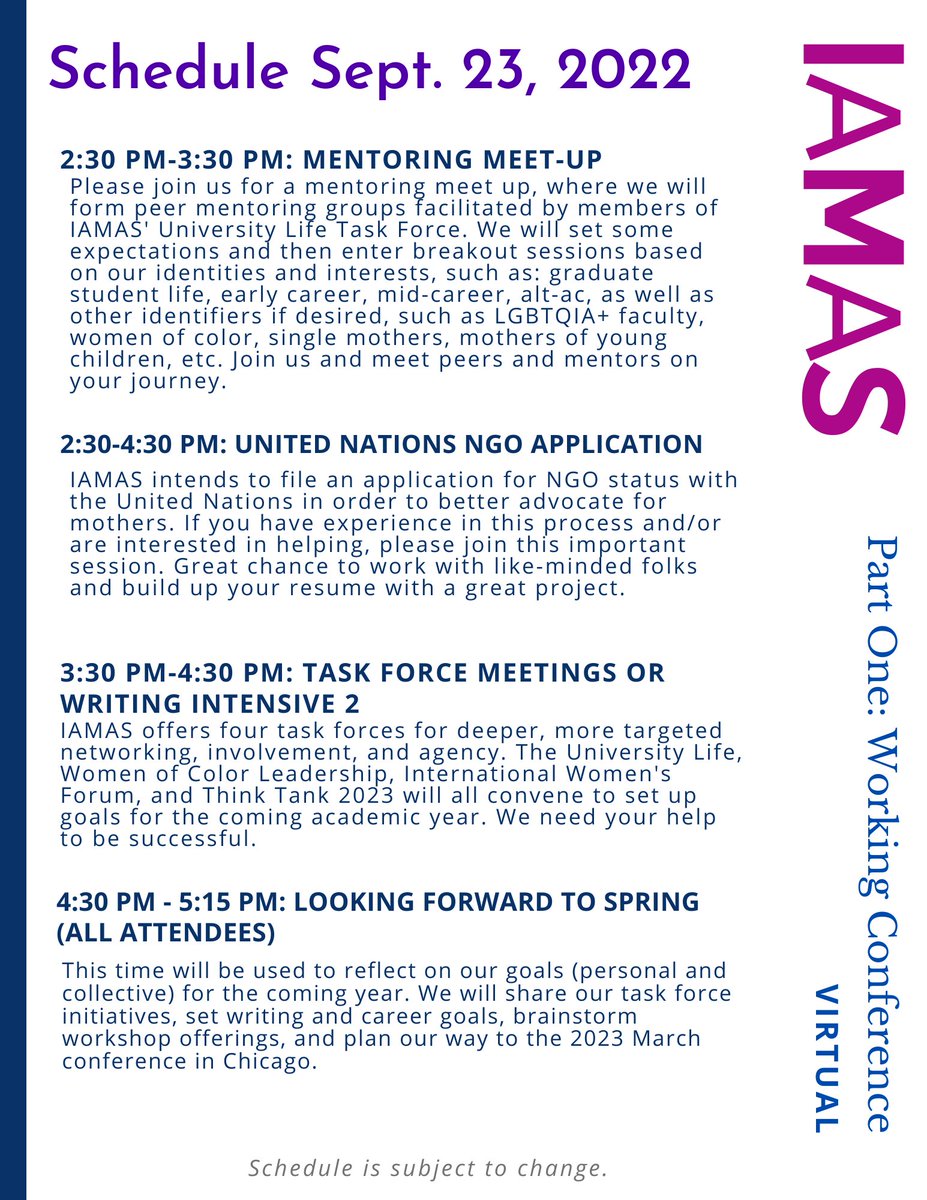 iamafeministmom's tweet photo. REGISTRATION for Part 1 of the IAMAS conference is DUE Aug 31. Be sure sign up today. https://t.co/SmgQetupfM Conference brochure for Part 1 in images. Part 2 will be March 11-13, 2023 in Chicago or online. https://t.co/Ew1g6yN31S