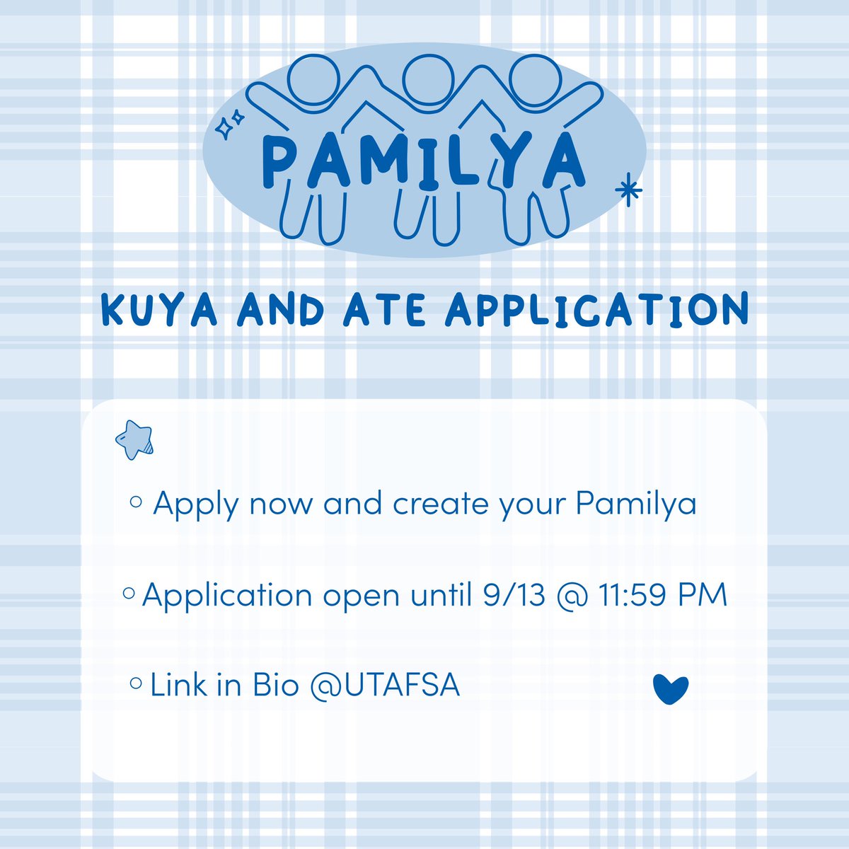 UTA_FSA's tweet photo. Hey pamilya!!!

Kuya and Ate applications are now open! Create fun memories with your own pamilya!

Applications can be found in the bio. Read over the eligibility requirements and apply now!

Deadline is Sept. 13th at 11:59 PM. 

If you have any questions, send us a dm! https://t.co/cES0CJMIgH