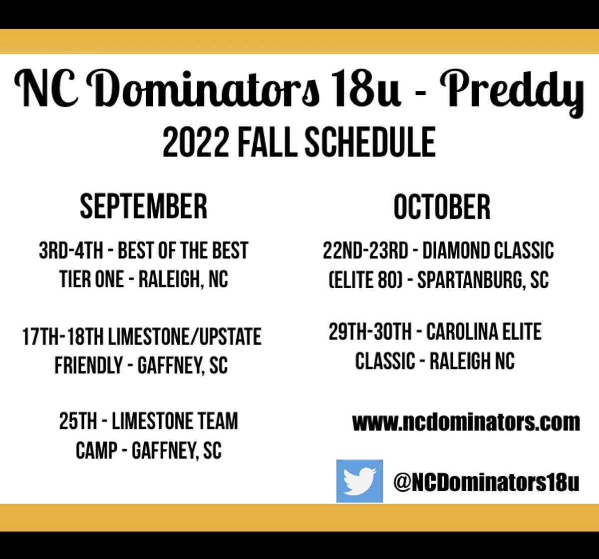NCDominators18u's tweet photo. 2022 Fall Schedule is here! Come check us out!! https://t.co/ZMqZ30Cjod