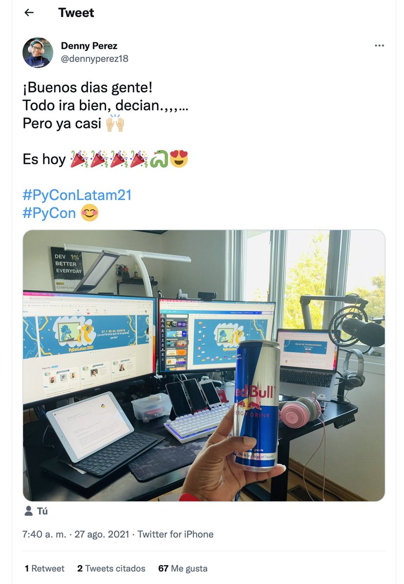 dennyperez18's tweet image. #TBT Un día como hoy hace un año... Mismo estatus, misma conferencia y organización, pero ahora con menos estrés. La experiencia hace al maestro. Mejorando dia a dia 💪 😇🙌🙌

#PyConLatam22
#PyCon 😊