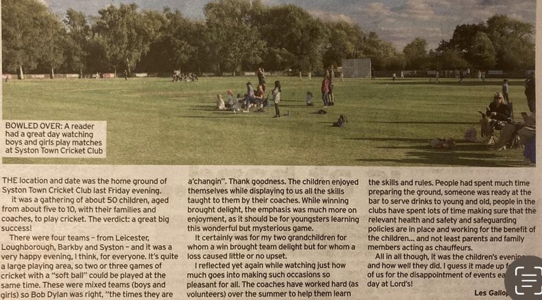 TownSyston's tweet photo. Lovely letter printed in the Leicester Mercury tonight, featuring Syston Town Cricket Club. Many thanks to Les Gallop. @landrcl https://t.co/R4UctWcuFw