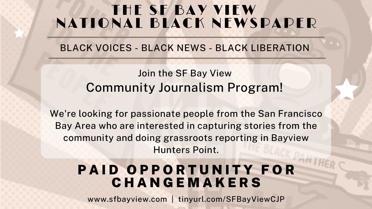 sfbayview's tweet photo. Want to become a PUBLISHED JOURNALIST?📝 Come join our NEW COMMUNITY JOURNALISM PROGRAM! ✍🏽
More info + application ➡️ https://t.co/AEZG9pbKtD @BVOperaHouse #communityjournalism #journalism #journalismprogram #sfjournalism #newprogram #sanfranciscocommunity #opportunity https://t.co/TmMBbM5s5O