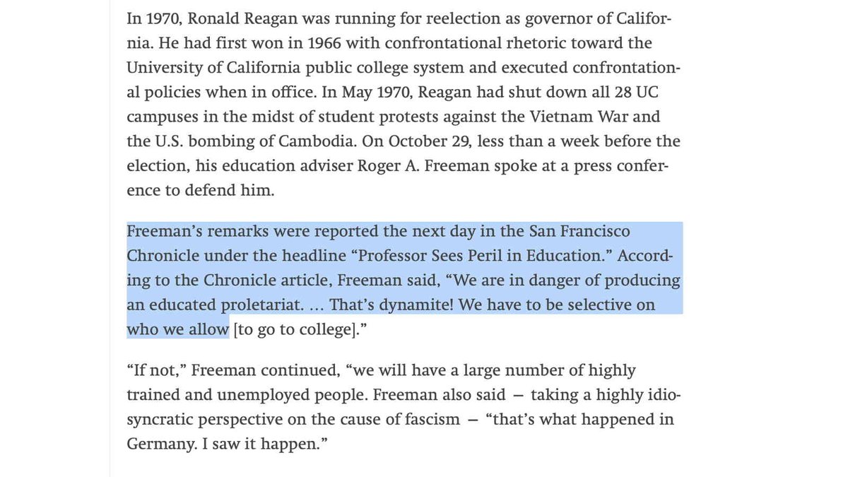 schwarz's tweet photo. In 1970, as Ronald Reagan was running for reelection as California governor, his education advisor warned that free college put America "in danger of producing an educated proletariat.That’s dynamite!" https://t.co/HmgZ5h2vu8 https://t.co/iCWtqCbhmf