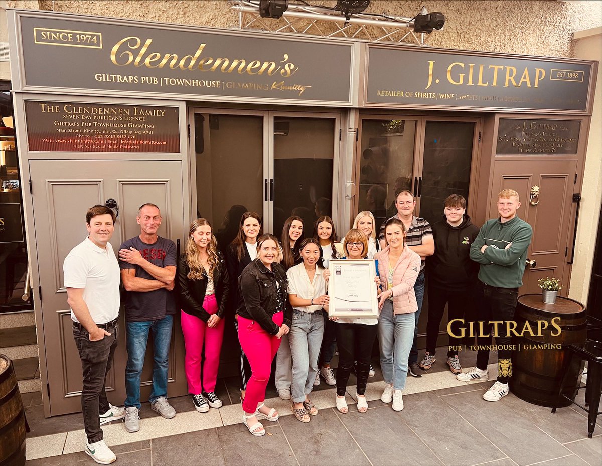 VisitKinnitty's tweet photo. A well deserved night out for our Giltraps Team. There’s extra reason to celebrate having been awarded @RAI_ie BEST PUB IN OFFALY last week….deserved recognition for what in our opinion is the BEST HOSPITALITY TEAM IN OFFALY! 🏆🥇😃 https://t.co/ymQVUMhCkD
