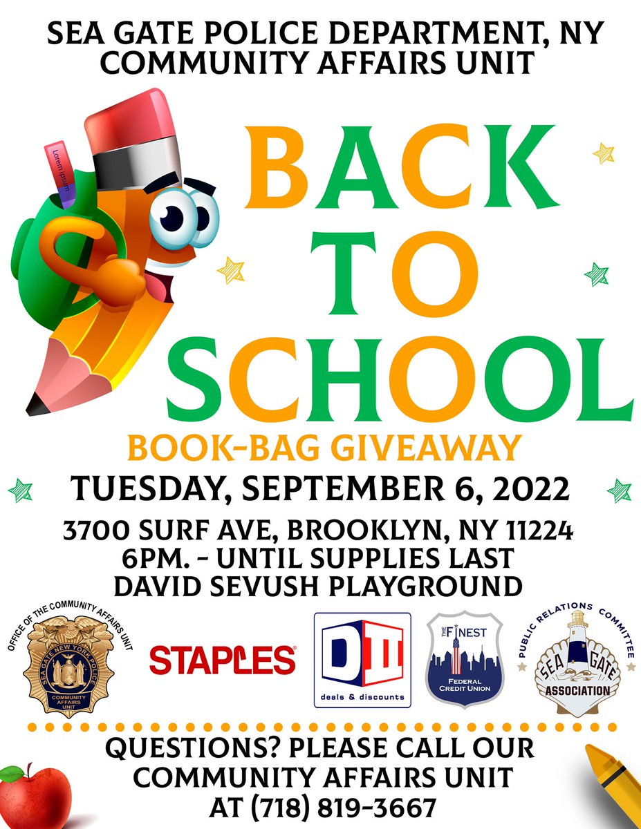 NEW DATE! Join us for our "Back 2 School BookBag Give-Away" in partnership with Staples Stores, DII Deals &amp; Discounts (Coney Island, NY) and The Finest Federal Credit Union as we’ll be distributing backpacks along with additional school supplies.