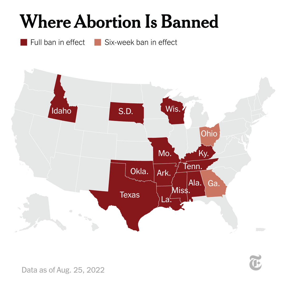 Near-total bans on abortion took effect in Idaho, Tennessee and Texas on Thursday, bringing the total number of states where abortion is banned to 12. Two others ban abortion at about six weeks of pregnancy, before many women know they are pregnant. nyti.ms/3y3iPbw