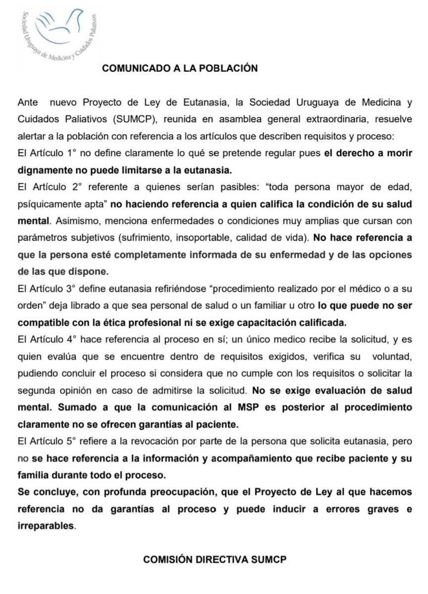 Compartimos el Comunicado de la  Sociedad Uruguaya de Medicina y Cuidados Paliativos, sobre el proyecto de ley de Eutanasia Importante!!