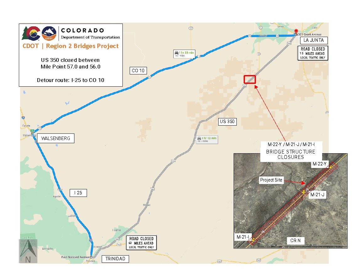 ColoradoDOT's tweet photo. #CDOT #News: Beginning the week of Sept. 19, crews will begin replacement of three structures on #US350 near #Timpas at mile points 56.5, 57.1 and 57.5 in #OteroCounty.
π°:https://t.co/Vq9Y3CA3Af
#KnowBeforeYouGo #SlowfortheConeZone #Colorado https://t.co/pt96VqAzbU