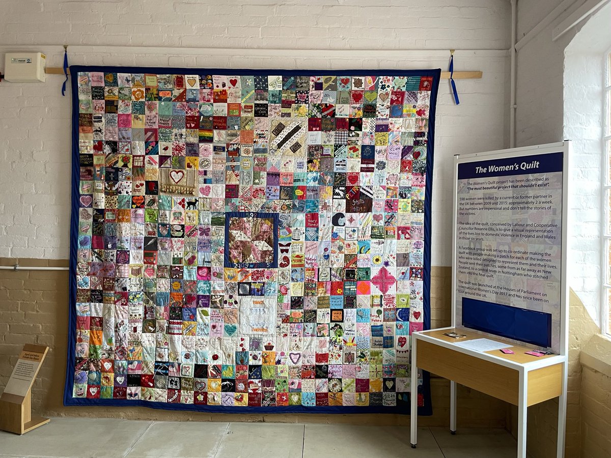 <a href="/thewomensquilt/">The Women's Quilt</a> I finally made it to The Workhouse at Southall to see the quilt. It’s beautifully displayed, and I was able to find the squares I made and remember finding the women’s stories.
9 year old Granddaughter with me asked why they were killed. No answer, is there…?