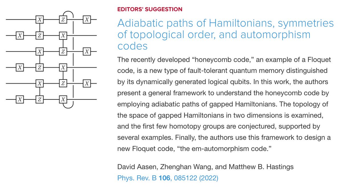 PhysRevB's tweet photo. PRB Editors' Suggestion: #Adiabatic paths of #Hamiltonians, #symmetries of #topological order, and #automorphism codes
David Aasen, Zhenghan Wang, and Matthew B. Hastings
Phys. Rev. B 106, 085122
#physics #condmat #EdSugg @APSPhysics
Article: https://t.co/l8n36L6xbo https://t.co/sU6adZCcqe