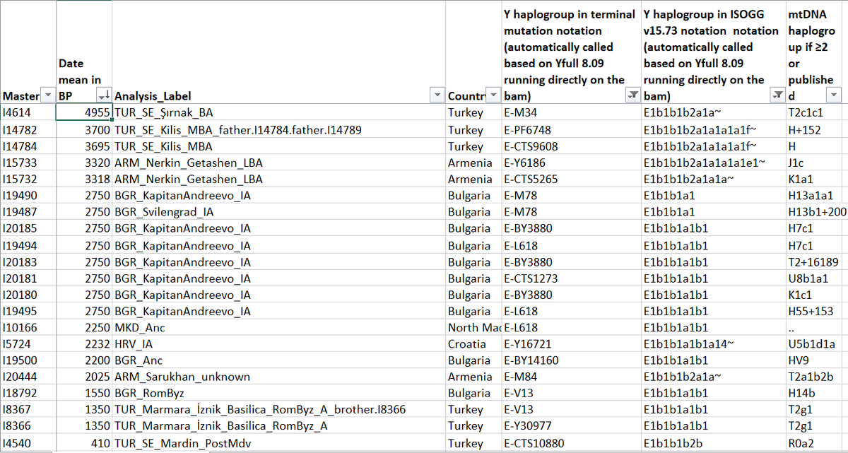 عينات الرفاة الجديدة التي نشرت في آخر دراسة ل Lazaridis و التي تنتمي للسلالة E-M35 مرتبة من الأقدم إلى الأحدث و هي تتوزع بين E-Z830 و E-M78 (خصوصا الفرع E-V13)
